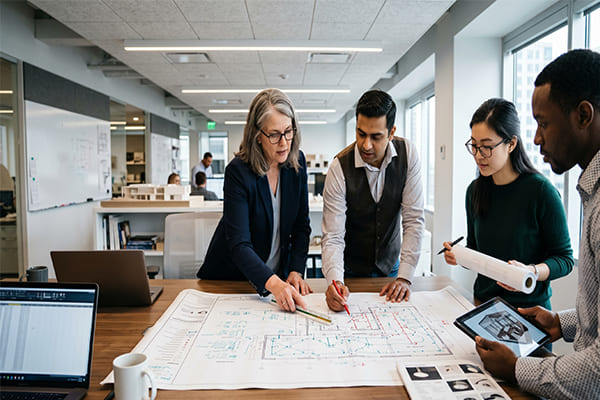 Architects and engineers reviewing a lighting blueprint